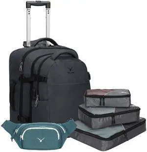 Hynes Eagle 2 in 1 Travel Backpack 22 inches Carry on Luggage 63L Rolling Backpack for Men Women with Packing Cubes 3PCS Set Grey Waist Pack Green