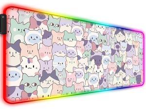 JIANG100 RGB Cute Pink Cat Gaming Desk Mat, Computer Keyboard Large Extended Kawaii Pastel Cat LED Mouse Pad for Office and Home, 31.5x11.8 Inches, XL