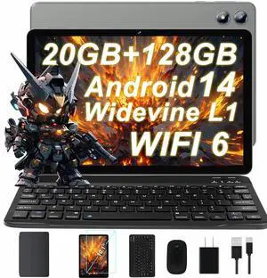Android 14 Tablet with Keyboard 20GB RAM 128GB ROM, 2025 Octa-Core 10 Inch Tablets with WiFi 6, 1TB Expandable, 1280x800 IPS Display, 6000mAh Battery, Widevine L1, Split Screen, Mouse, Case -Grey