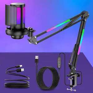 KingSom Gaming USB Micrphone,Noise Cancellation Condenser Mic with RGB Boom Arm,Podcast Microphones RGB Computer Mic,Streaming Microphone with Pop Filter,Mute Button,Gain for Recording,Discord,Youtube