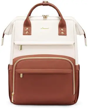 LOVEVOOK Leather Backpack for Women,18 inch Leather Laptop Backpack Women,Professional Work Backpack Nurse College Teacher Bag,Womens Laptop Tote Bag Computer Travel Backpack Purse,Beige White-Brown