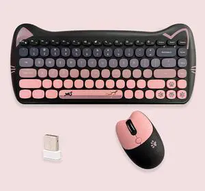 Cute Cat 2.4G USB Wireless Keyboard and Mouse Combo, Silent Keys, Candy Colors, Compatible with Notebook, PC (BlackPink-84Keys)