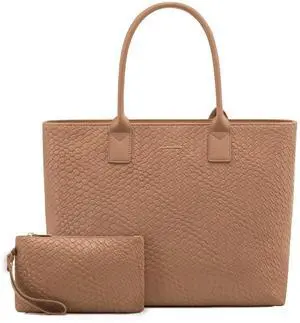 LOVEVOOK Laptop Tote Bag for Women 15.6 Inch, Woven-like PU Work Tote Briefcase for Office with Small Clutch, Light Brown