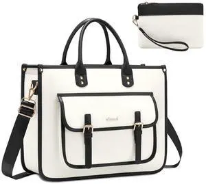 LOVEVOOK Laptop Bag for Women 15.6 inch Lightweight Canvas Laptop Tote Bag, Large Capacity Shoulder Messenger Bag for Business, Work, Office, Travel, School(Beige & Black,15.6 Inch)
