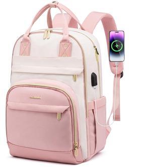 LOVEVOOK Laptop Backpack for Women,17 inch Professional Womens Travel Backpack Purse Anti-theft Laptop Computer Bag,Fashion Warterproof Work Business College Teacher Backpack Daypack,Beige-Pink-Pink