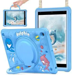 LX-SUNCX for iPad 10.2 Case 9th Generation 2021 / 8th Gen 2020 / 7th 2019,Shockproof Kids Case with Screen Protector,Rotating Stand/Pencil Holder/Shoulder Strap for iPad 10.2 Inch - Bubble Dolphin