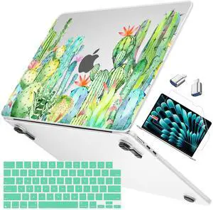 Mektron Ultra Thin Armor Case Compatible with MacBook Air 13.6 inch Printed Cover 2025-2022 M4 M3 M2 A3240 A3113 A2681, Protective Hard Shell with Fold Kickstand, Watercolor Cactus