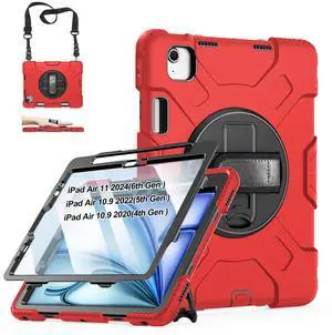 Case for iPad Air 11 M3 2025 & M2 2024: Cover for iPad Air 5th & 4th Generation 10.9 Inch (2020/2022) with Screen Protector- Stand- Handle- Shoulder Strap- Pencil Holder- Red