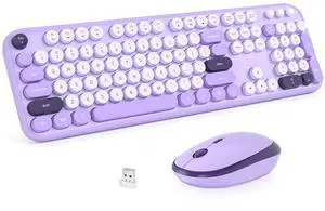 Wireless Keyboard and Mouse Combo, MOWUX Full Size Typewriter Retro Round Computer Keyboard, Cute Optical Mouse Wireless, Plug and Play, for Laptop, PC, Computer- Violet Field