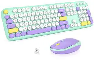 Wireless Keyboard and Mouse Combo, MOWUX Full Size Typewriter Retro Round Computer Keyboard, Cute Optical Mouse Wireless, Plug and Play, for Laptop, PC, Computer- Daydream Mint
