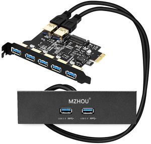MZHOU 7 Ports PCI-E to USB 3.0 Expasion Card with 19-Pin SATA Power Connector Superspeed up to 5Gbps,and The Front Panel Bay and 1 Power Supply Cables,for Window 7/8/10/XP/Vista...