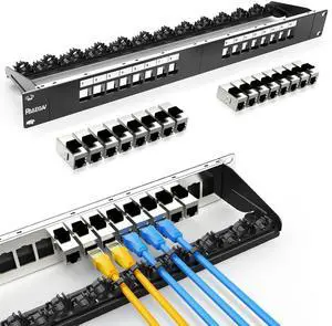 PBAEGAV Patch Panel 16 Port with 16pcs Cat6A Keystone Jack Shielded Fold Keystone Patch Panel 19Inch with Cable Management and Support Bar