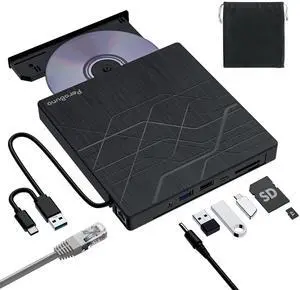 Super External CD DVD Drive, USB 3.0 DVD Burner with Ethernet Adapter, 3 USB and 2 TF/SD Card Ports, CD DVD Player Reader Writer Optical Disk Drive for Laptop MacBook PC Windows 11/10/8/7 Linux Mac OS