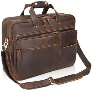Polare Large 17" Full Grain Leather Briefcase For Men Business Travel Case Messenger Bag Fits 15.6" Laptop (Brown)