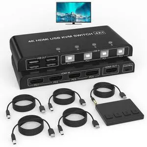 KVM Switch HDMI 4 Ports 4K@60Hz, USB KVM Switch 4 Computers with 4 USB Cables + Button Swapping, Sharing 4K Monitor & 4 USB Keyboard|Mouse|Scanner|Printer