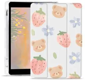 JOYLAND Cute Bear Case for iPad 5th/6th Generation(2017/2018) 9.7 Inch Clear TPU Back Smart Stand Leather Cover with Pencil Holder for Girls Women Kids Auto Wake/Sleep Foldable Protective Case