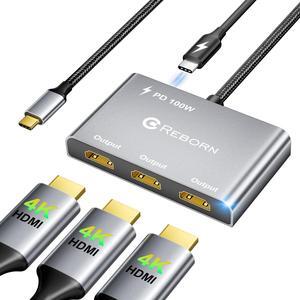 Reborn USB-C to 3 HDMI Adapter with 100W PD, 4K@60Hz USB Type-C to HDMI 1 in 3 Out Splitter for 3-Port USB-C Multi-Monitor Adapter, USB-C Source to 3 HDMI Adapter with PC/macOS/Linux and More