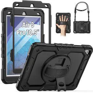 SEYMAC for iPad Air 3/ Pro 10.5 inch Case, Heavy Duty Full-Body Shockproof Protective Case with Screen Protector, 360deg Rotating Stand, Hand/Shoulder Strap for iPad Air 3rd Gen, Black