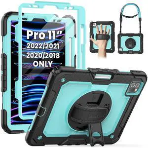 SEYMAC Case for iPad Pro 11 Case 4th/ 3rd/ 2nd/ 1st Gen (2022/2021/2020/2018), Full-Body Shockproof Protective Case with Screen Protector, 360° Rotating Stand and Hand/Shoulder Strap, Sky Blue