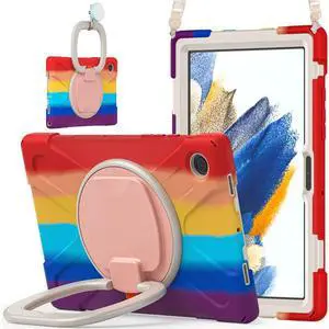 360 Rotation Case for Samsung Galaxy Tab A8 10.5" Sturdy Cover Rotate Ring Stand Shoulder Carrying Strap Hand Strap Rugged Children Adults Outdoor Case, Colourful Red