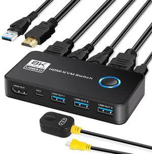 8K@60Hz HDMI 2.1 KVM Switch for 1 Monitor and 2 Computers, with 3 USB 3.0 Ports for Sharing Monitor, Keyboard, Mouse, Hard Drives, and Printer  Includes 2 HDMI & USB Cables, and Controller