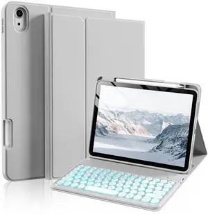 SZPSGC Keyboard Case for iPad A16 11th Generation 11 Inch 2025, iPad 10th Generation 10.9 Inch 2022, 7 Colors Backlit Wireless Detachable Folio Keyboard Cover with Pencil Holder, Grey