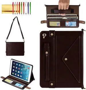Techcircle Handbag Case for 9.7-inch iPad 2018 2017 (5th/6th Generation), iPad Air/Air 2 - Folio Stand PU Leather Crossbody Cover With Hand Strap, Pencil Holder, Wallet - Dark Brown