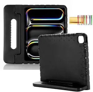 Kids Case for iPad Pro 13" 2024 (M4) & iPad Air 13" (2025 M3)(2024 M2) Shockproof Case with Pencil Holder, Techcircle Handle Stand Light EVA Foam Bumper Protective Rugged Child Proof Cover, Black