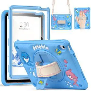 TSQQST Case for iPad (A16) 11th 10th Generation 10.9" for Kids Boys, Heavy Duty Rugged Cute Cartoon Dolphins Cover with Screen Protector+Swivel Stand+Handle Strap, Azure Blue