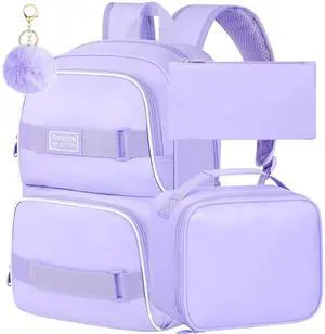 3Pcs Girls Backpack, 17 Inches School Bookbag Set for Teens College Students, Laptop Backpacks with Lunch Box (Purple)