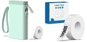 TYPONOS P21 Label Maker Machine with Tape, Green Bluetooth Label Printer Portable Mini Label Makers, P21 Label Maker Tape Black on Clear14x40mm (0.55"x1.57"), Standard Laminated 180 Labels/Roll