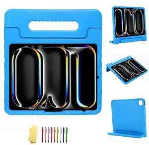 UUcovers Kids Case for iPad Pro 13 inch M4 (2024) with 180deg Rotating Handle/Folding Kickstand/Pencil Holder/Stand Shockproof Cute Soft EVA Foam Heavy Duty Rugged Silicone Boys Girls Cover, Blue