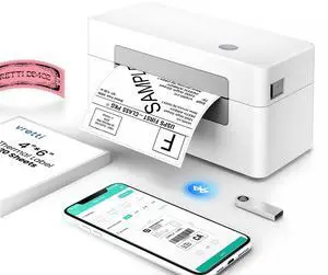 vretti Bluetooth Shipping Label Printer - 4x6 Thermal Printer for Shipping Packages and Small Businesses, Label Printer Supports Android/iPhone/Windows, Compatible with Shopify, Ebay, USPS,