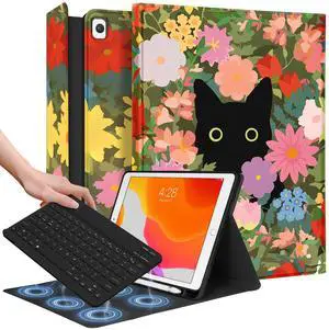 Wazzasoft for iPad 9th/8th/7th/Air 3rd Generation/Pro 10.5 Inch Case Keyboard Pencil Holder Folio Tablet Cover Women Girl Cute Girly Teen Kawaii Cat Flower Unique Design for Apple 10.2 & 10.5 Inch