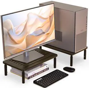 WELL WENG 2 Pack Bamboo Monitor Stand Riser, 4 Adjustable Height, Laptop Stand with Airflow Vents, Desk Organizer for Computer, PC, Printer (Wenge)
