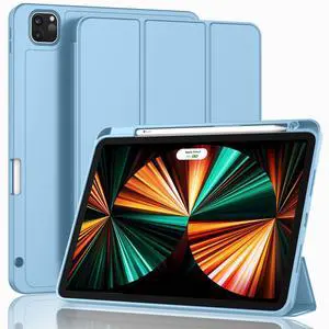 ZryXal New iPad Pro 12.9 Inch Case 2022/2021/2020(6th/5th/4th Gen) with Pencil Holder,Smart Case [Support Touch ID and Auto Wake/Sleep] with Auto 2nd Gen Pencil Charging (New Azure Blue)