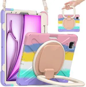 Batianda Case for iPad Air 11 inch 2025 2024 M3/M2 Chip Heavy Duty Rugged Durability Silicone Tablet Cover with 360° Rotating Ring Foldable Kickstand & Shoulder Strap, Colorful Pink