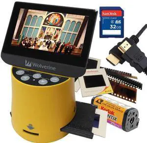 Wolverine Titan 8-in-1 20MP High Resolution Film to Digital Converter with 4.3" Screen and HDMI Output, Worldwide Voltage 110V/240V AC Adapter, 32GB SD Card & 6ft HDMI Cable Bundle (Yellow)