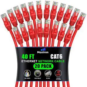 Maximm Cat 6 Ethernet Cable 40 ft (20-Pack) - High-Speed LAN Cable, Internet Cable, Patch Cable, and Network Cable - UTP, 10Gbps, 550MHz Ethernet Cord - Red
