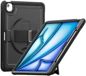 Batianda Case for iPad Air 13-inch 2025 M3 2024 M2 Chip Multilayered Rugged Durable Shockproof Tablet Cover with 360° Rotating Hand Strap Foldable Hidden Stand, Black