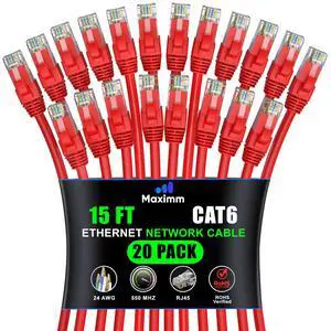 Maximm Cat 6 Ethernet Cable 15 ft (20-Pack) - High-Speed LAN Cable, Internet Cable, Patch Cable, and Network Cable - UTP, 10Gbps, 550MHz Ethernet Cord - Red