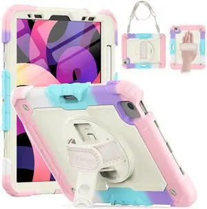 Timecity Case for iPad Air 5th 4th Generation 2022/2020, for iPad Air 10.9 inch Case with Screen Protector/360 Degree Swivel Stand/Hand/Shoulder Strap/Pencil Holder Protective Case- Pink Camo