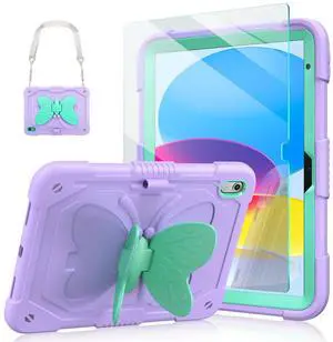 Ambison Case for iPad (A16) 11th/10th Generation 2025/2022 11''/10.9'' for Kids Girls, with 9H Tempered Glass Screen Protector, Shockproof Protective with Butterfly Stand, Carrying Strap-Purple