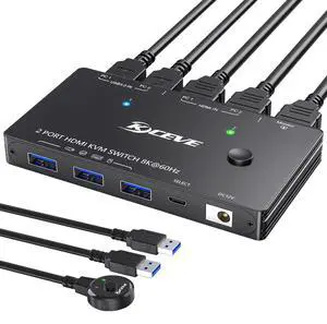KVM Switch 2 in 1 Out USB 3.0 HDMI KVM Switch 8K@60Hz 4K@60Hz for 2 Computers Share 1 Monitor and Keyboard Mouse Printer with Remote and USB3.0 Cables