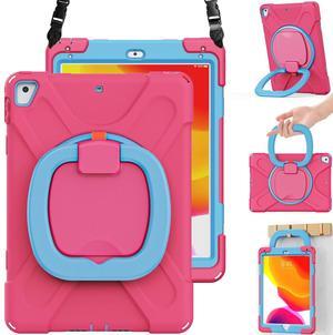 BRAECN Case for iPad 9.7" 6th/5th Generation w/Pencil Holder, 360 Degree Multi-Function Grip, Stable Kickstand, Carrying Strap, 3-Layer Heavy Duty Silicone Case for iPad Pro 9.7/ iPad Air 2-Rose+Blue