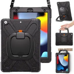 BRAECN for iPad 9th 8th 7th Generation 10.2 2021 2020 2019 Case Kids, Shockproof Silicone Case with Screen Protector, Pencil Cap Holder, Shoulder Strap, Handle Grip, Kickstand-Carnival Night (Black)