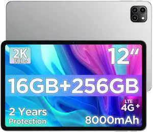 Android Tablet, 12 inch Large Screen Tablet, 2 Years Protection, 1200 x 2000 IPS 2K Resolution Display, Reinforced Type-C Port, 18W PD Charger, 8000mAh Battery, 8MP+13MP Camera, WiFi 6 & Bluetooth 5.4