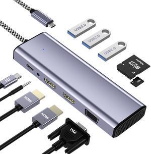Docking Station Dual Monitor, USB C Docking Station Dual Monitor, USB C to Dual HDMI Adapter, Dual Monitor Adapter, USB C Hub 10 in 1 Docking Station 3 Monitors with HDMI/VGA/PD/USB/SD/TF/3.5mm Audio