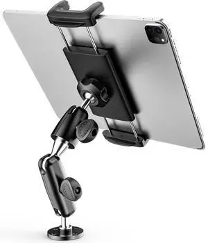 Dosvsi Industrial Car Tablet Mount, [2-Section Adjustable Arm] Heavy Duty Drill Base Dashboard Tablet Holder for Public Vehicle, Boat, Tractor, Compatible With iPad Pro Air Mini, iPhone, 4-13" Tablets
