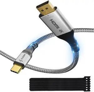 Elecan Uni-Directional DisplayPort to USB-C Adapter Cable 15 Ft 4K@60Hz 2K 1080P, No USB Power Needed High Speed DP Input to Type C Converter, Braided for Touch,iPad,Mac,Portable Monitor,VR/XR/AR+Ties